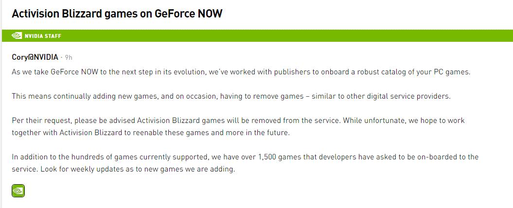 动视暴雪的游戏从英伟达GeForce Now平台下架-游戏价值论